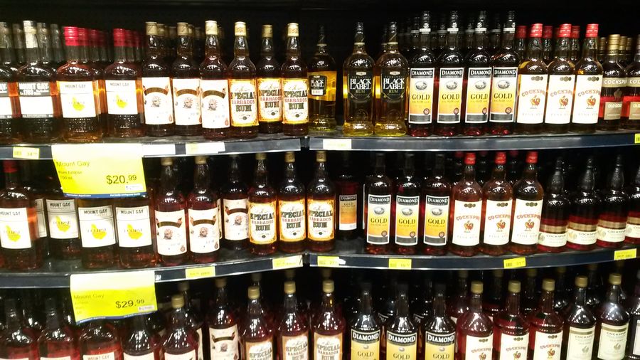 Barbados rum bottles on supermarket shelves